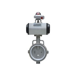 Butterfly valve with a silver body and red actuator lever on top