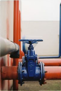 A blue flange check valve with handle